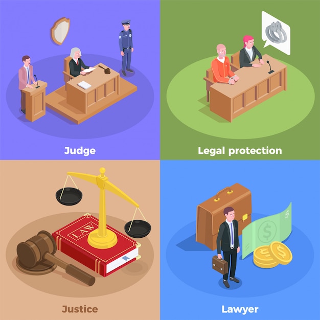 Concept de conception isométrique de la justice juridique avec des icônes et des personnages humains des participants à la session judiciaire avec illustration de texte