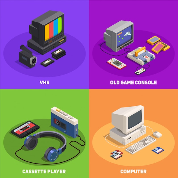 Vecteur gratuit concept de design isométrique 2x2 coloré avec divers gadgets rétro tels que la console de joueur d'ordinateur vhs 3d isolé