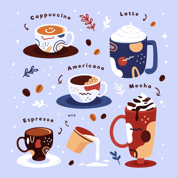 Vecteur gratuit concept d'illustration de types de café