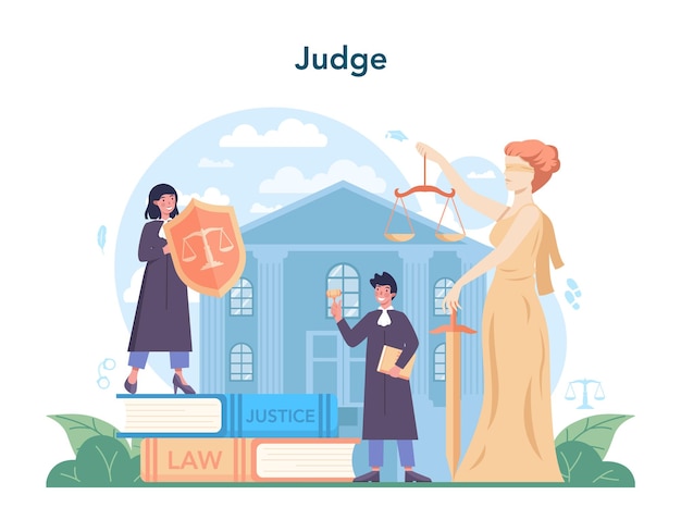 Vecteur gratuit concept de juge employé de justice pour la justice et le droit juge en robe noire traditionnelle entendant une affaire et condamnant idée de jugement et de punition illustration vectorielle plane isolée