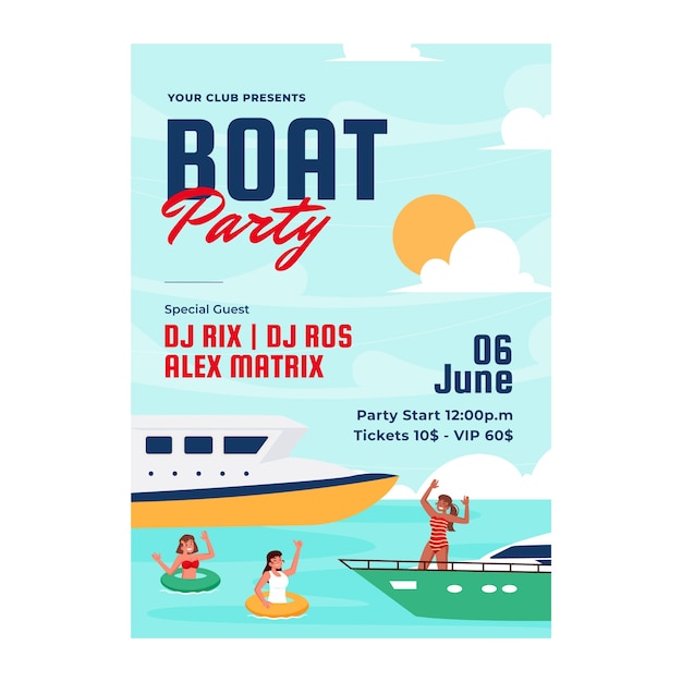 Vecteur gratuit conception de flyer de fête de bateau design plat