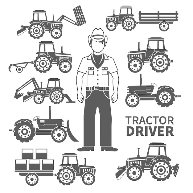 Vecteur gratuit conducteur de tracteur et icônes décoratives de machines agricoles noir définir illustration vectorielle isolée