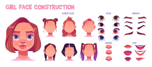 Construction de visage de fille, création d'avatar avec différentes parties de la tête sur blanc