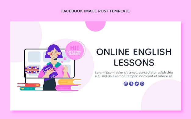 Cours d'anglais design plat post facebook