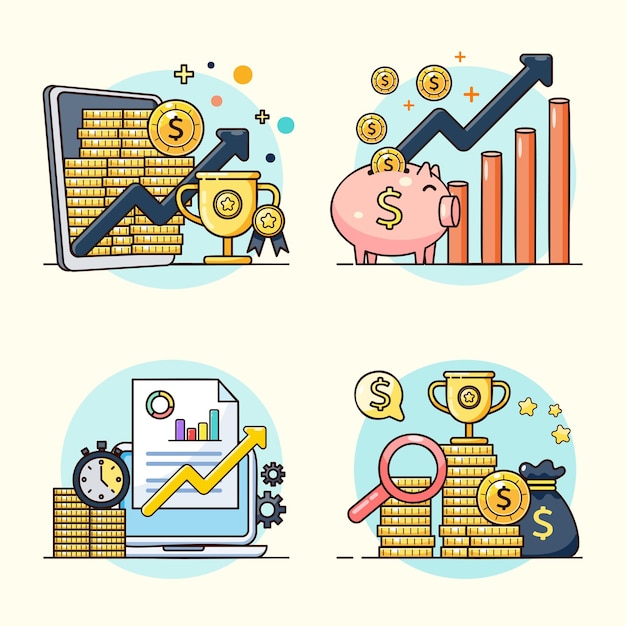 Vecteur gratuit croissance des investissements et des finances des entreprises concept de retour sur investissement graphique des pièces en dollars et sac d'argent