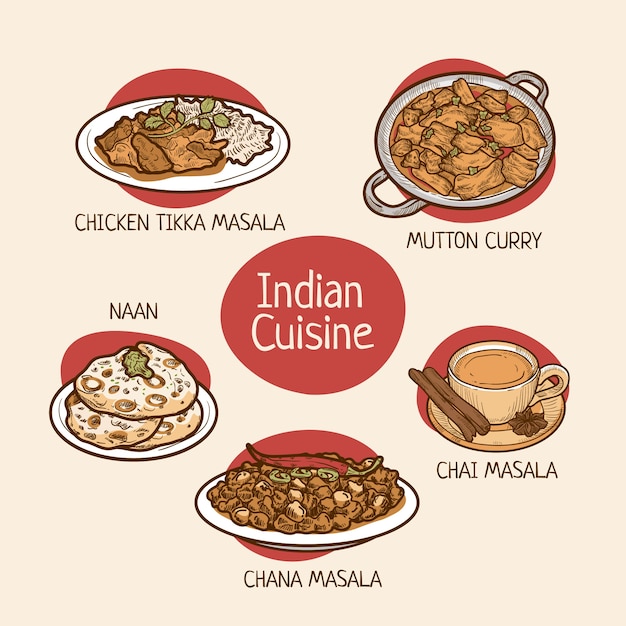 Vecteur gratuit cuisine indienne dessinée à la main