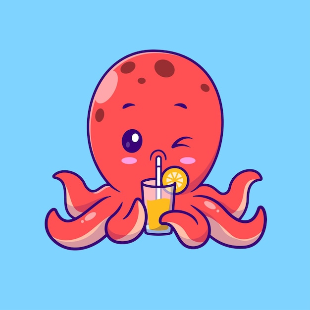 Vecteur gratuit cute octopus boire du jus d'orange vecteur de dessin animé icône d'illustration animal boire vecteur plat isolé