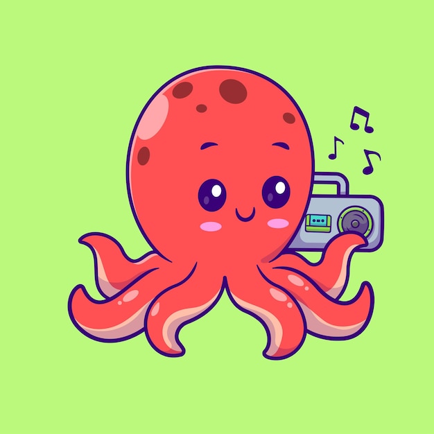 Vecteur gratuit cute octopus écoutant de la musique avec boombox cartoon vector icon illustration musique animale isolée