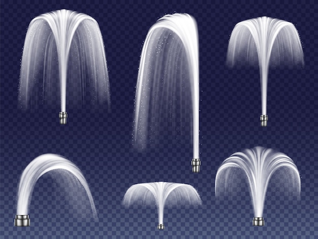 Vecteur gratuit définissez des fontaines réalistes de différentes formes. grands et petits geysers, jets d&#39;eau en chute