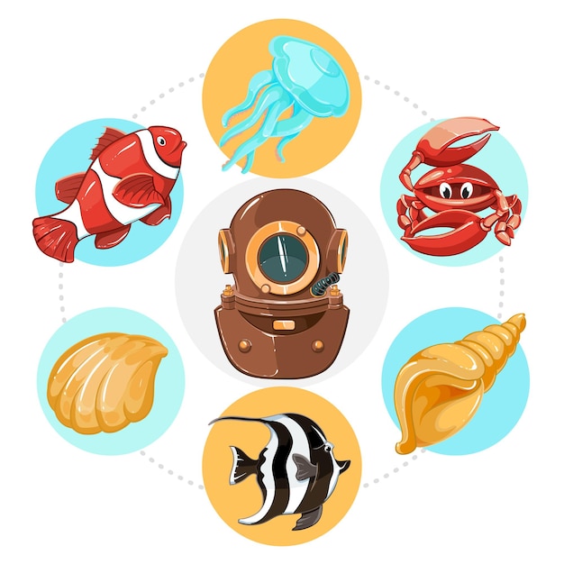 Vecteur gratuit dessin animé concept de vie sous-marine avec casque de plongeur poissons coquilles de méduses et crabe en illustration de cercles colorés