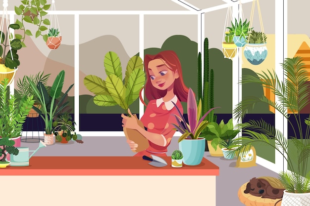 Dessin animé, femme, prendre soin des plantes