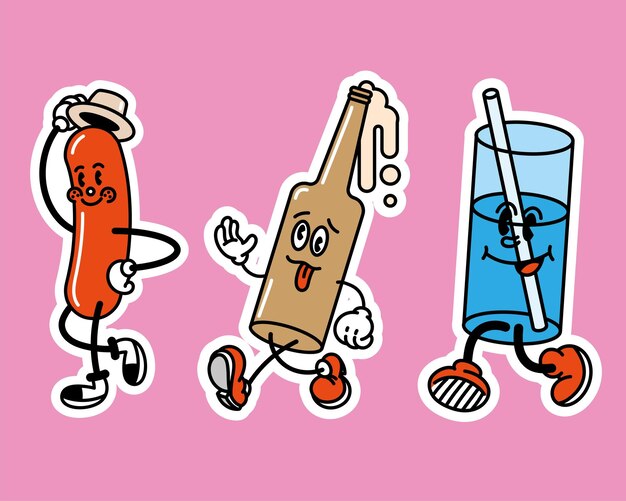 dessin animé saucisse et boissons icônes comiques