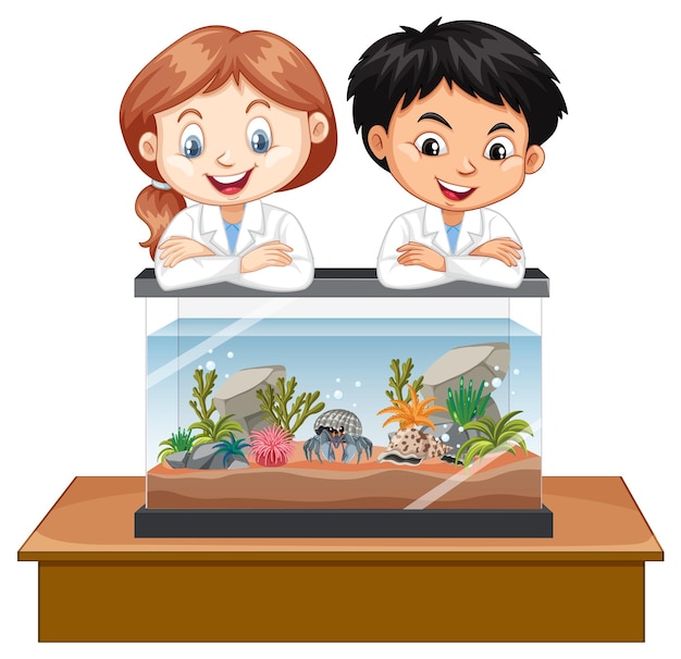 Vecteur gratuit deux enfants observent un aquarium