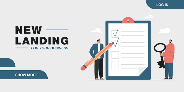 Vecteur gratuit deux hommes minuscules se préparent à déménager. illustration vectorielle plane. deux personnes remplissant une liste géante avec des coches, tenant la clé en arrière-plan de la maison. déménagement, logement, planification, location, concept de propriété