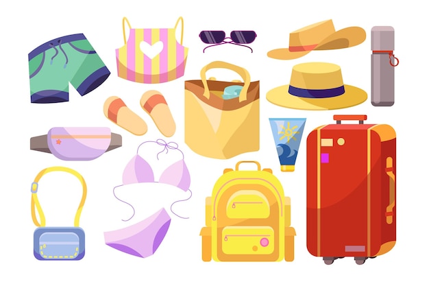 Différentes choses pour l'ensemble d'illustrations vectorielles de vacances d'été. Collection de vêtements et accessoires, bagages : sac de voyage, valise isolé sur fond blanc. Voyager, concept de vacances