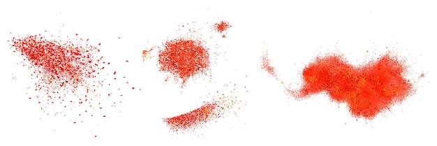 Vecteur gratuit dispersion de poudre de piment rouge. illustration réaliste vectorielle de l'assaisonnement au paprika moulu et au piment. éclaboussures d'épices séchées chaudes isolées sur fond blanc