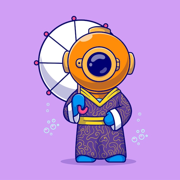 Vecteur gratuit diver mignon portant un costume de kimono avec un parapluie icône vectoriel de dessin animé illustration science mode