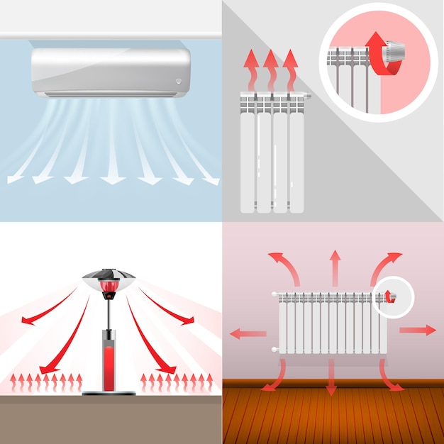 Vecteur gratuit divers chauffages de maison et d'extérieur avec des flèches montrant les flux d'air plat 2x2 ensemble illustration vectorielle isolée