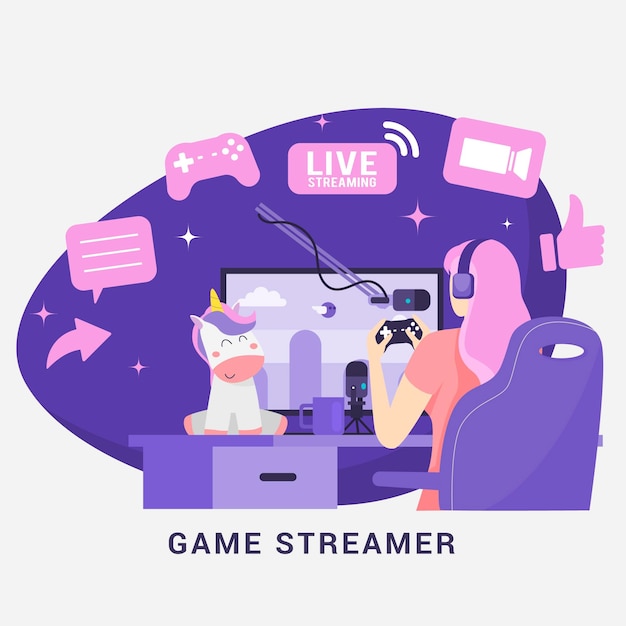 Vecteur gratuit éléments de concept de streamer de jeu plat