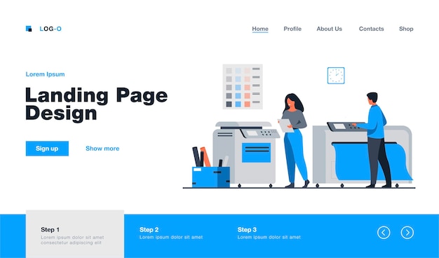 Vecteur gratuit employés d'imprimerie utilisant des ordinateurs et utilisant de grandes imprimantes commerciales pour l'impression de bannières et d'affiches. illustration