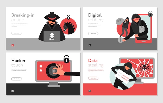 Vecteur gratuit ensemble d'activités de hacker de bannières horizontales brisant des systèmes informatiques