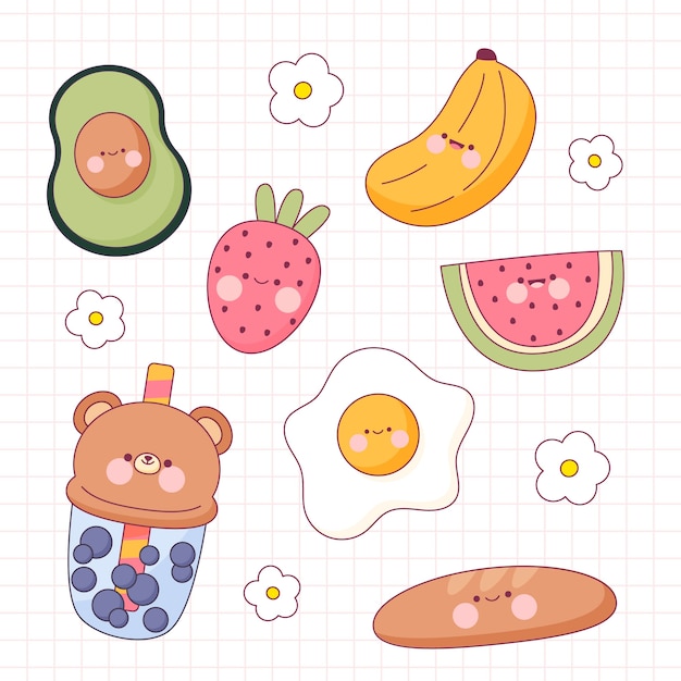 Vecteur gratuit ensemble d'aliments kawaii design plat dessinés à la main