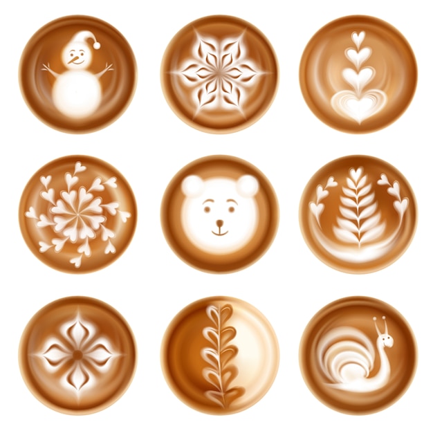 Vecteur gratuit ensemble de compositions décoratives latte art