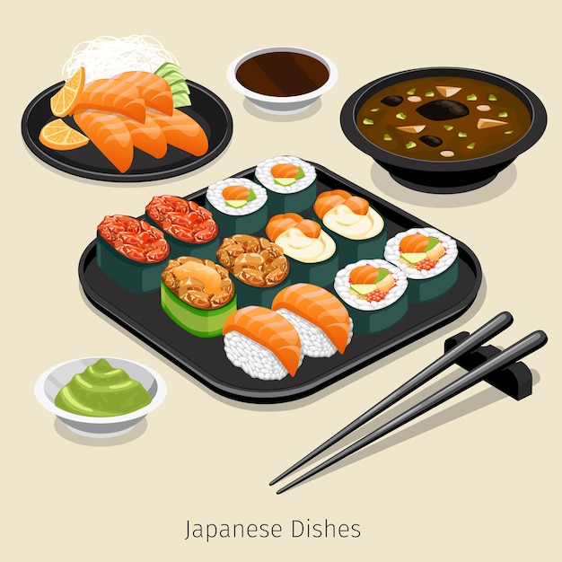 Ensemble de cuisine japonaise. Menu savoureux, riz et rouleau, ingrédient et sauce,