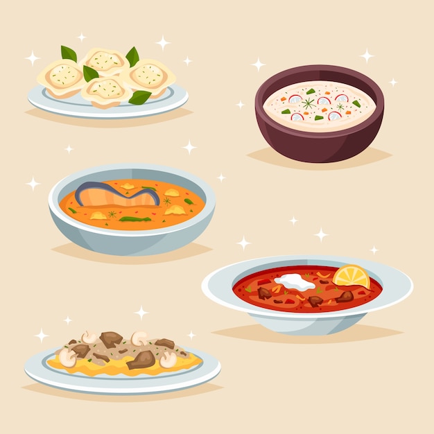 Vecteur gratuit ensemble de cuisine russe dessiné à la main