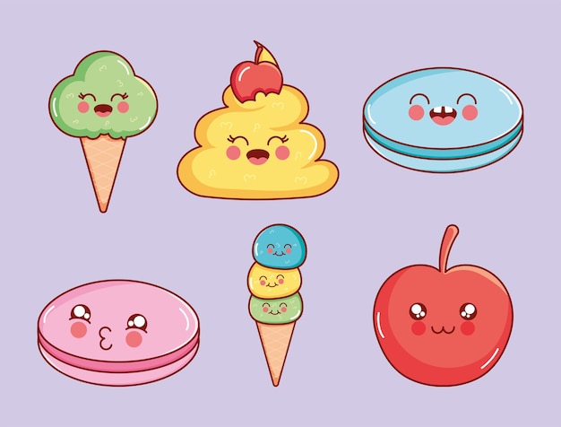 Vecteur gratuit ensemble de desserts kawaii