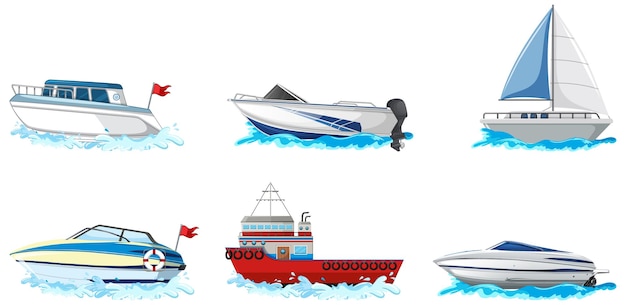 Ensemble de différents types de bateaux et de navires isolé sur fond blanc