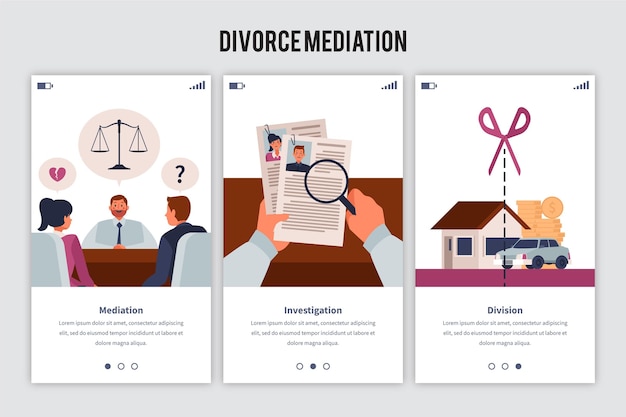 Vecteur gratuit ensemble d'écran d'intégration de la médiation en matière de divorce