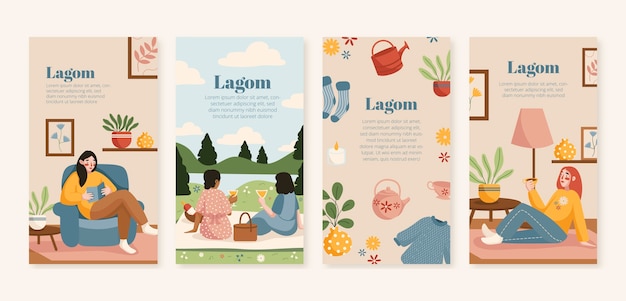 Vecteur gratuit ensemble d'histoires plates lagom ig dessinées à la main