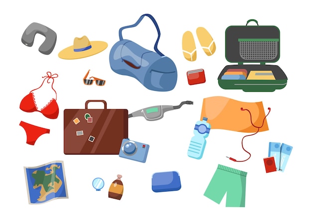 Vecteur gratuit ensemble d'illustrations vectorielles de dessin animé d'accessoires de vacances d'été. valise, sac de voyage, bagage, vêtements, appareil photo, passeport, billets, bouteille, chapeau, lunettes de soleil, maillot de bain, tongs. concept de trucs de voyage