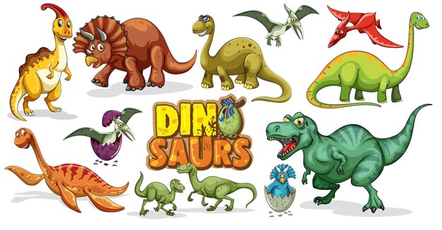 Ensemble de personnage de dessin animé de dinosaures isolé sur fond blanc