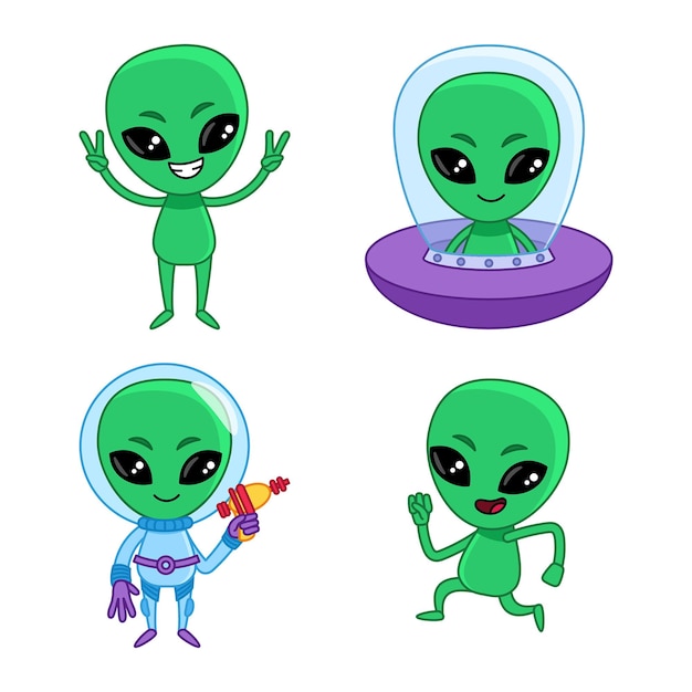 Vecteur gratuit ensemble de personnage extraterrestre de dessin animé mignon montrant un signe de pièce, courant, assis dans une soucoupe volante