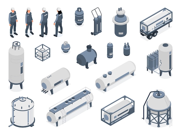 Vecteur gratuit ensemble de personnes de gaz comprimé isométrique d'icônes isolées avec des réservoirs de stockage industriels et des personnages d'illustration vectorielle de travailleurs