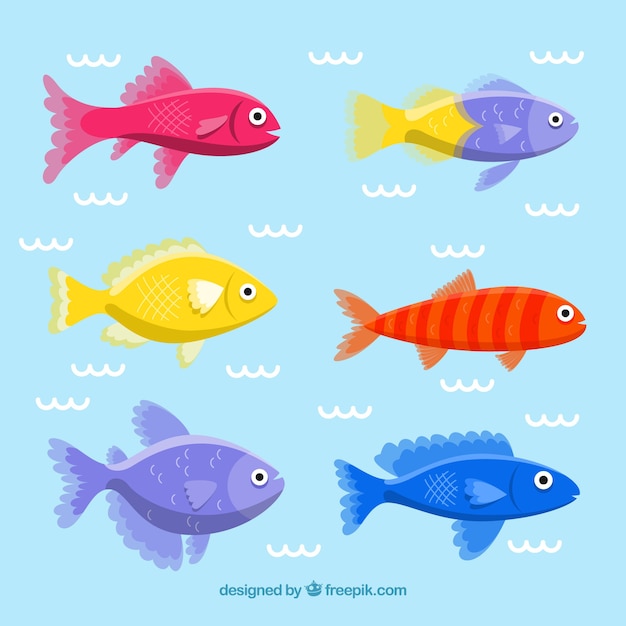 Ensemble de poissons colorés dans un style dessiné à la main