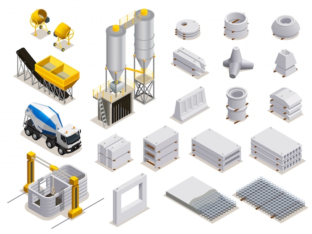 Ensemble de production de béton d'icônes isométriques avec transport d'équipement de fabrication et détails de pierre finis isolés