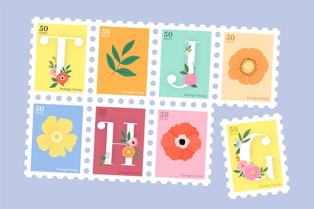 Vecteur gratuit ensemble de timbres de lettre florale élégante