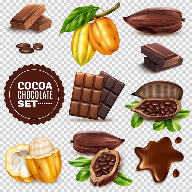 Vecteur gratuit ensemble transparent réaliste de cacao