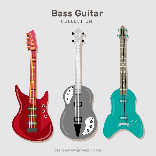 Vecteur gratuit ensemble de trois guitare basse en design plat