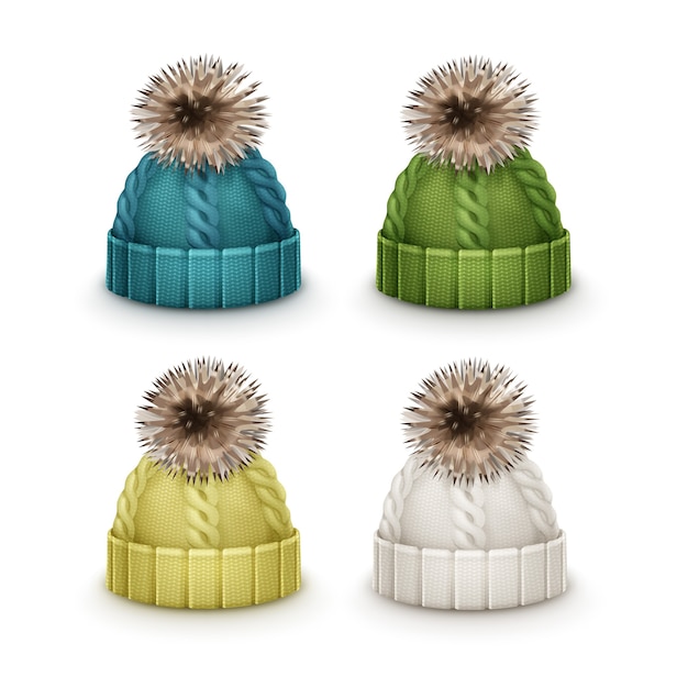 Vecteur gratuit ensemble de vecteur de bonnets tricotés hiver bleu, vert, jaune, blanc avec vue latérale pom-pom isolé sur fond blanc