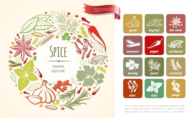 Vecteur gratuit épices de cuisson fraîches rondes avec des plantes saines en illustration de style dessiné à la main