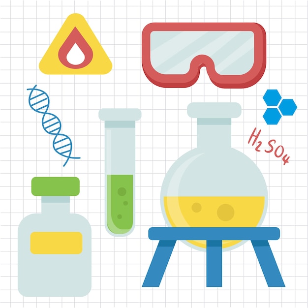 Vecteur gratuit équipement de laboratoire avec tubes en verre flacon bécher et autre équipement de mesure de laboratoire chimique et médical style de dessin animé pour graphiste illustration vectorielle