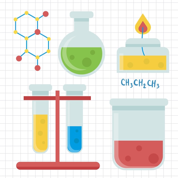 Vecteur gratuit équipement de laboratoire avec tubes en verre flacon bécher et autre équipement de mesure de laboratoire chimique et médical style de dessin animé pour graphiste illustration vectorielle