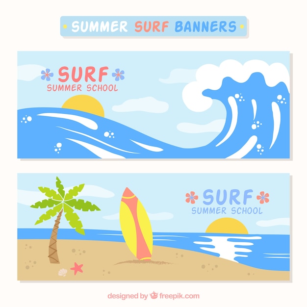 Vecteur gratuit Été bannières de surf avec des vagues et des planches de surf