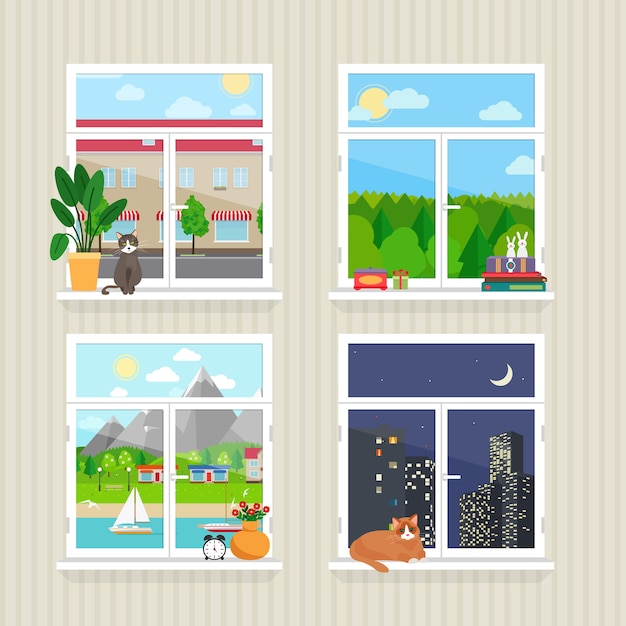 Vecteur gratuit fenêtres plates de vecteur avec paysage. ville et gratte-ciel, forêt et chat, jour et nuit