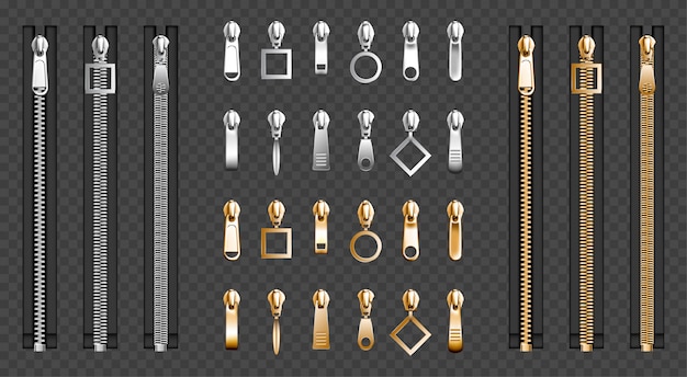 Vecteur gratuit fermetures à glissière en métal, ensemble d'extracteurs de fermetures à glissière argent