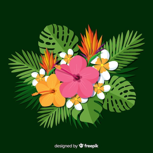 Vecteur gratuit feuilles et fleurs tropicales plates